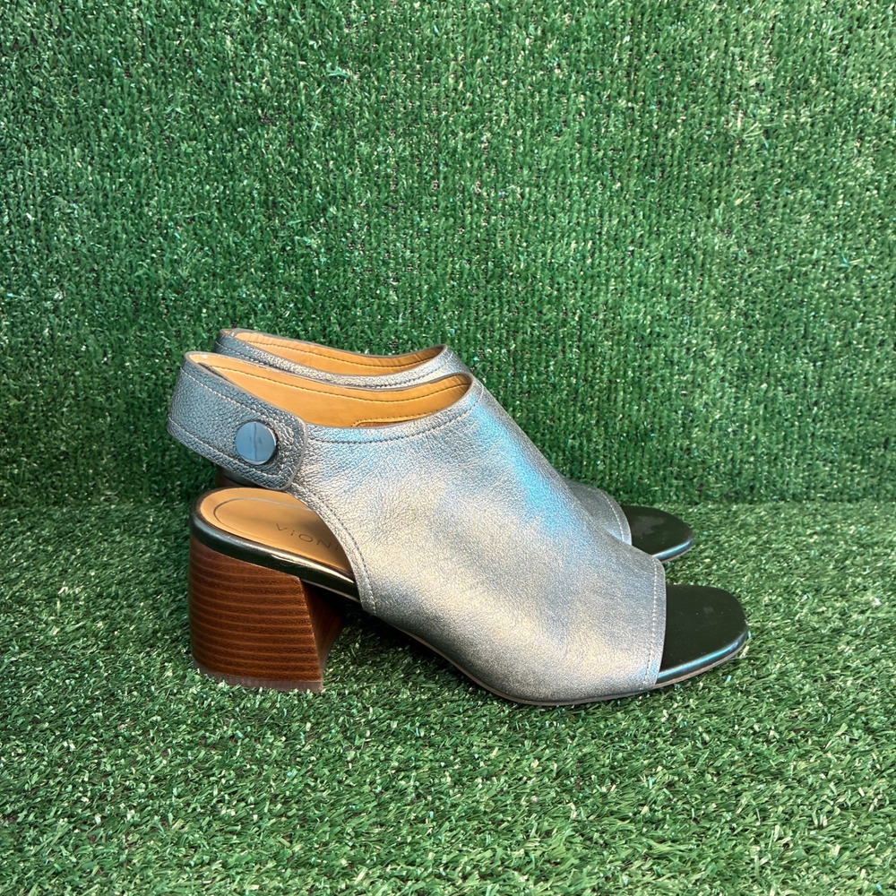 Vionic Valencia Metallic Open Toe Slingback Block Heel Silver Womens Size 8 Wide
